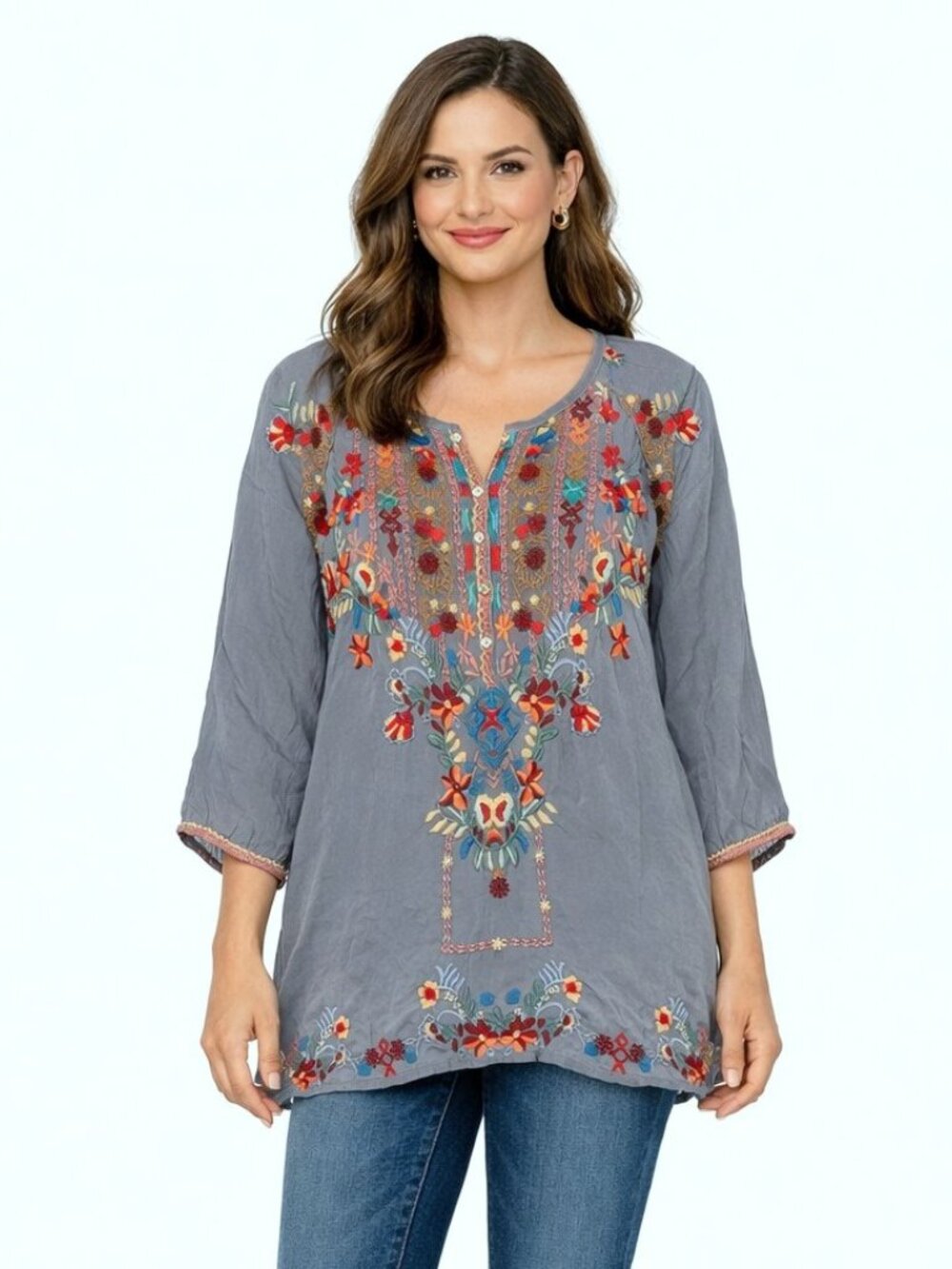 Johnny Was Briony Cupra Rayon Embroidered Boho Gray Tunic Size L